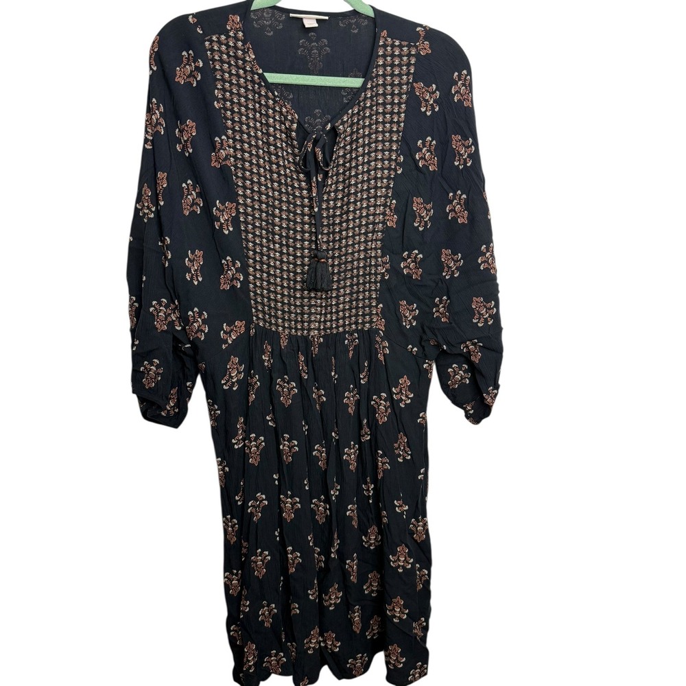 KNOX ROSE Black Floral Embroidered Tie Neck Midi Dress Women's Small